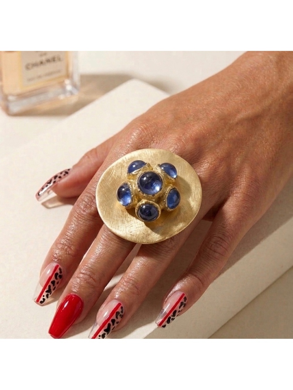 Artisan Gold Tone Statement Ring w/ Blue Cabochon Stones and Vintage Components - Picture 3 of 5